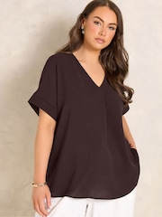 Evans Brown Short Sleeve Notch Neck Top - Image 1 of 2