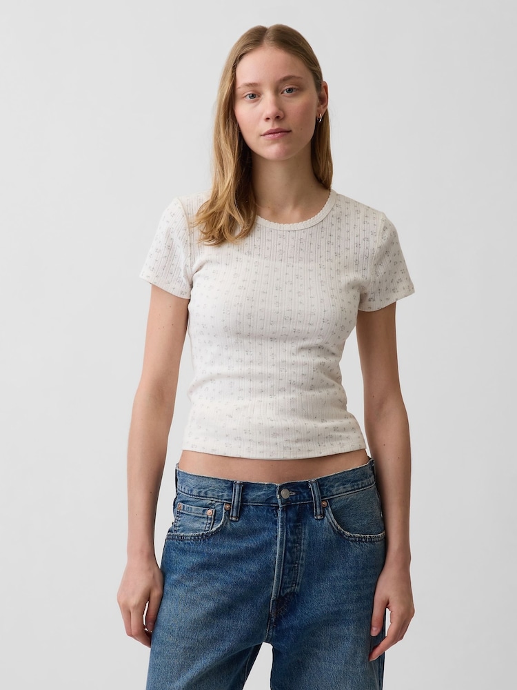 Gap Cream Pointelle Crew Neck Short Sleeve T-Shirt - Image 1 of 6