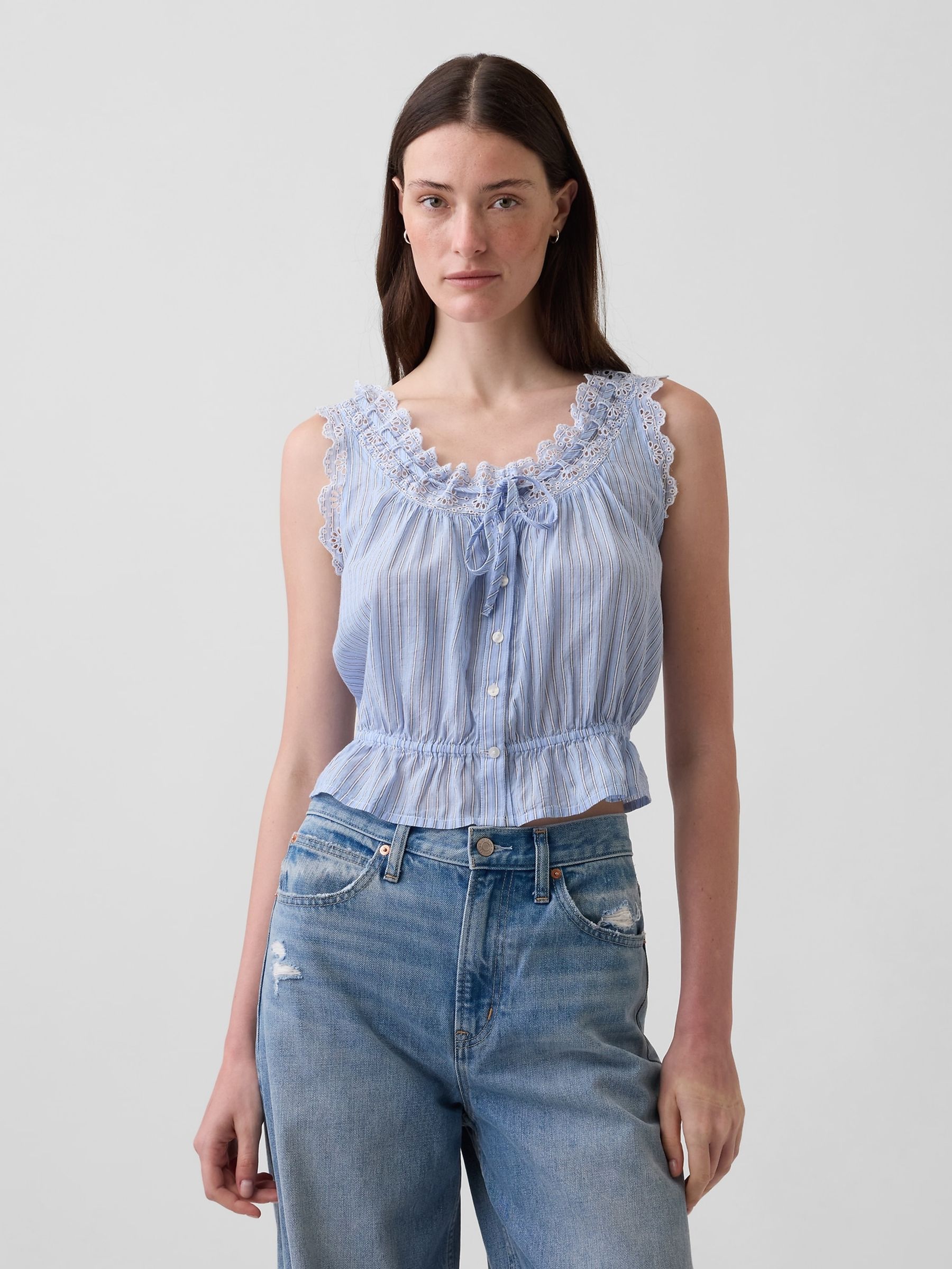 Buy Gap Blue Eyelet Tie-Front Crop Peplum Scoop neck Top from the