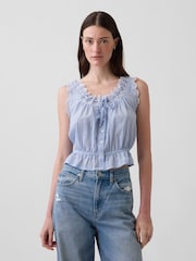 Gap Blue Eyelet Tie-Front Crop Peplum Scoop neck Top - Image 1 of 4