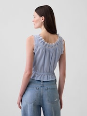 Gap Blue Eyelet Tie-Front Crop Peplum Scoop neck Top - Image 2 of 4