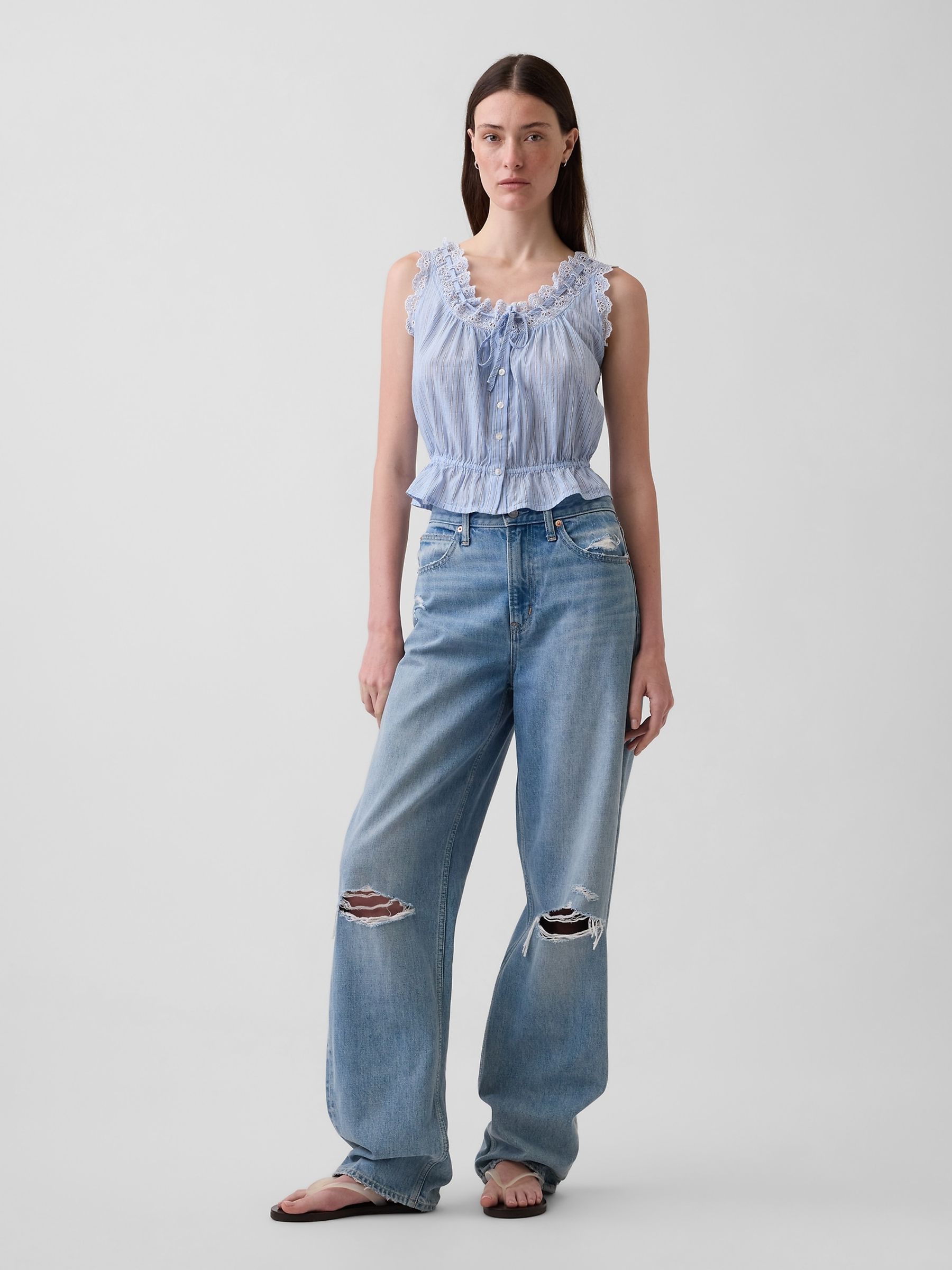 Buy Gap Blue Eyelet Tie-Front Crop Peplum Scoop neck Top from the