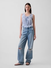 Gap Blue Eyelet Tie-Front Crop Peplum Scoop neck Top - Image 3 of 4