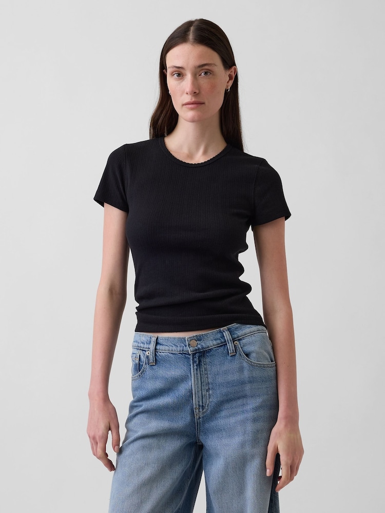 Gap Black Pointelle Crew Neck Short Sleeve T-Shirt - Image 1 of 4