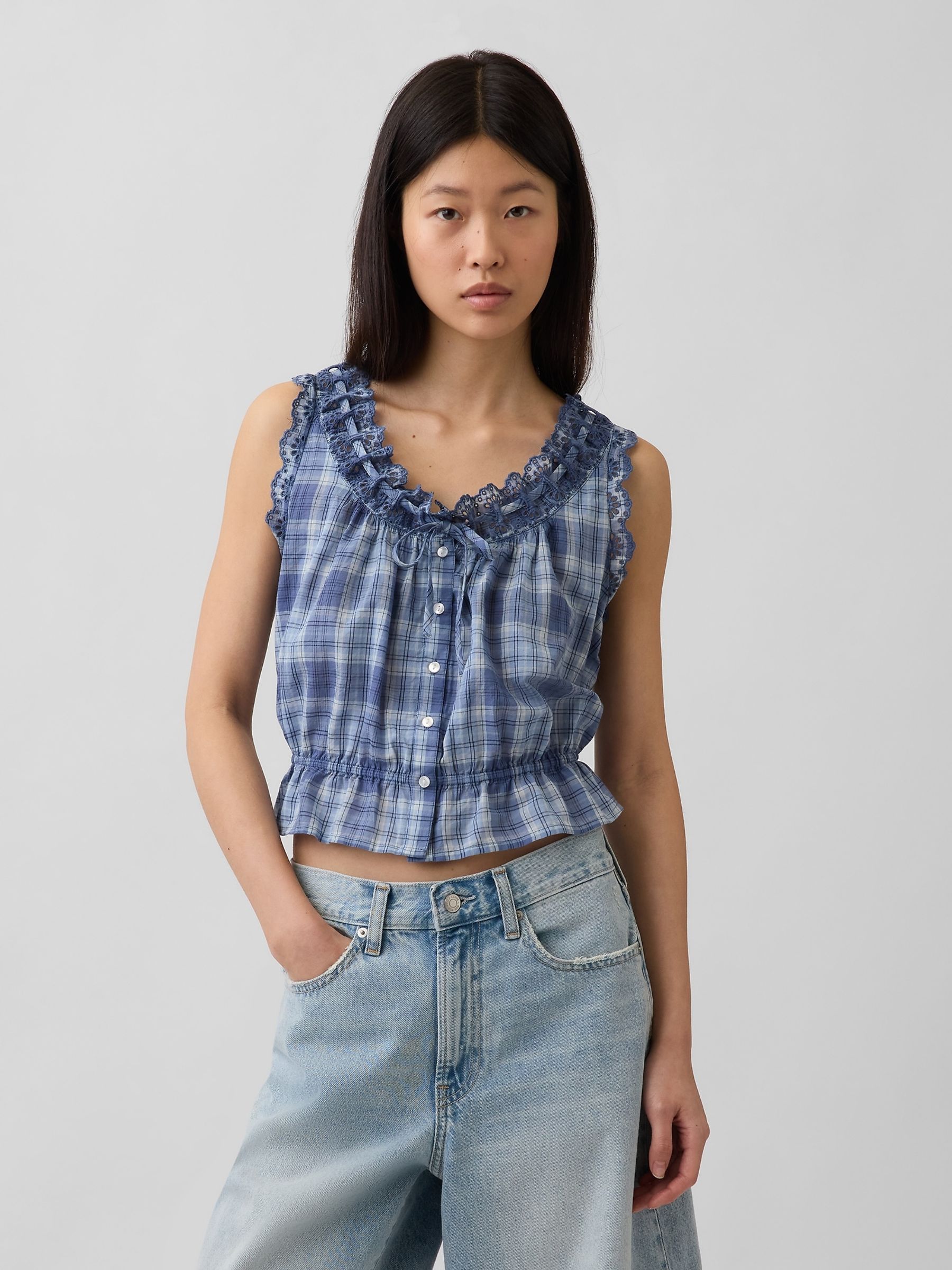 Buy Gap Blue Check Eyelet Tie-Front Crop Peplum Scoop neck Top