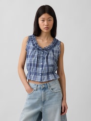 Gap Blue Check Eyelet Tie-Front Crop Peplum Scoop neck Top - Image 1 of 4