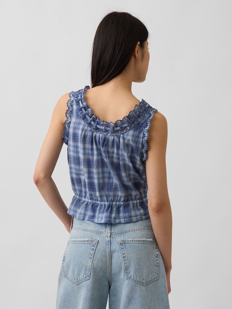 Gap Blue Check Eyelet Tie-Front Crop Peplum Scoop neck Top - Image 2 of 4