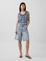 Gap Blue Check Eyelet Tie-Front Crop Peplum Scoop neck Top - Image 3 of 4