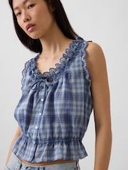 Gap Blue Check Eyelet Tie-Front Crop Peplum Scoop neck Top - Image 4 of 4