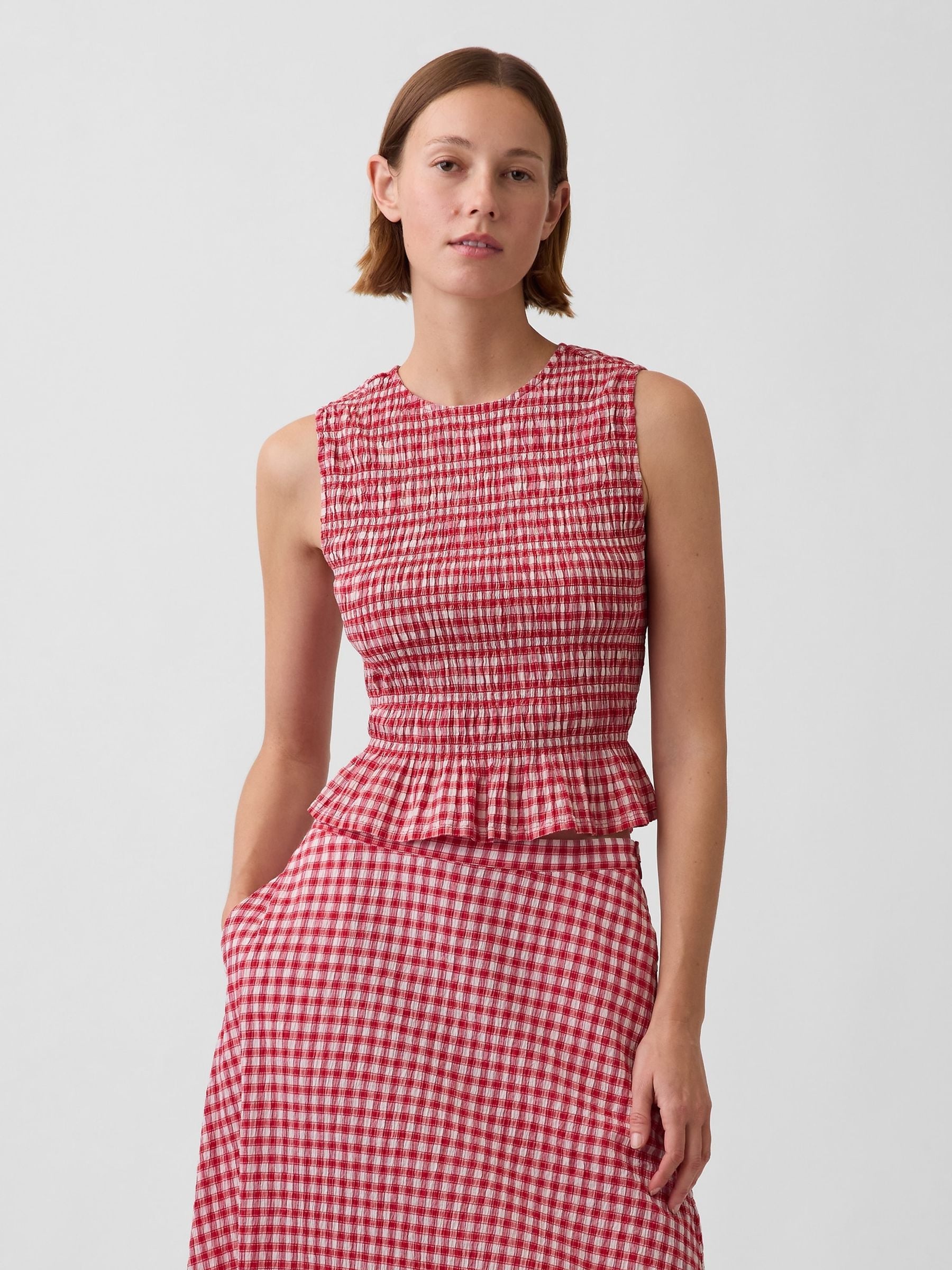 Buy Gap Red Smocked Gingham Crop Peplum Top from the Next UK