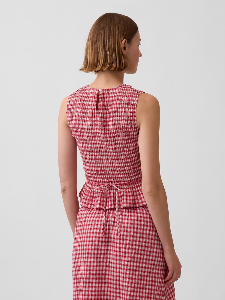 Gap Red Smocked Gingham Crop Peplum Sleeveless Top - Image 2 of 4
