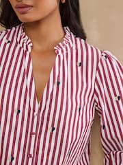 Love & Roses Burgundy Red Petite Stripe Bow Embroidered Long Sleeve Notch Neck Blouse - Image 2 of 5