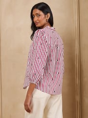 Love & Roses Burgundy Red Petite Stripe Bow Embroidered Long Sleeve Notch Neck Blouse - Image 4 of 5