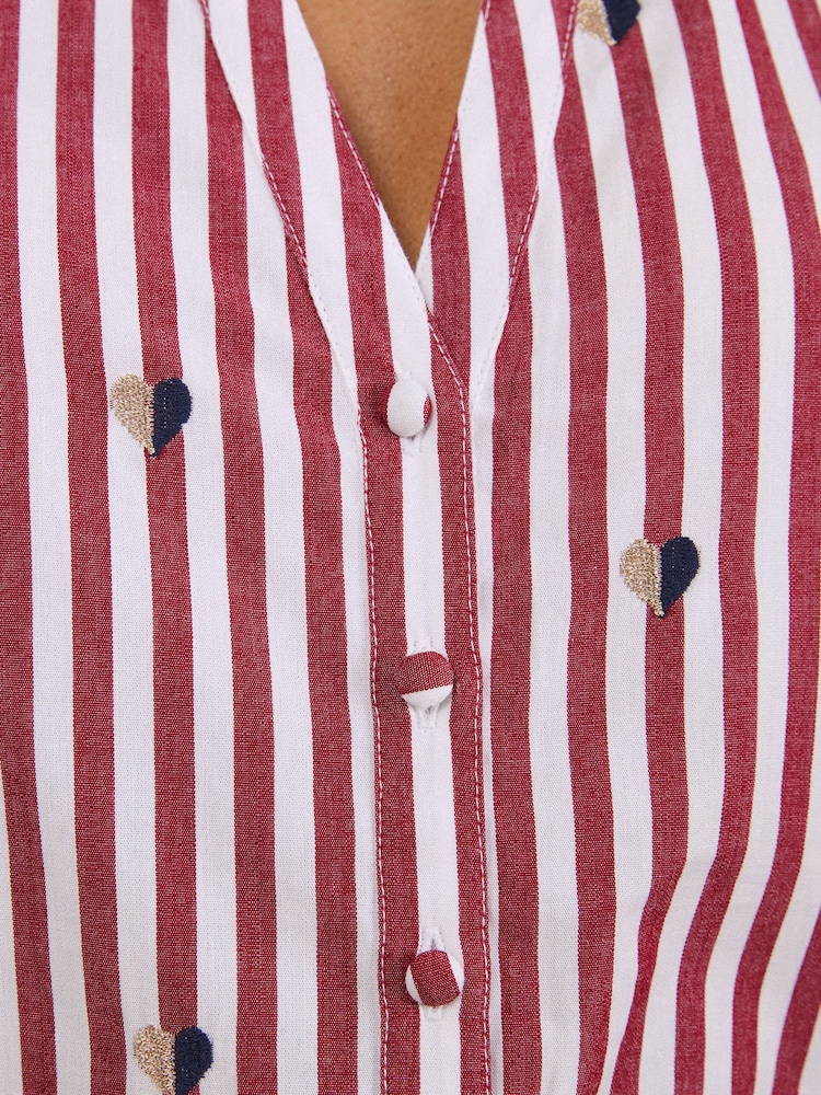 Love & Roses Burgundy Red Petite Stripe Bow Embroidered Long Sleeve Notch Neck Blouse - Image 5 of 5 Love & Roses Burgundy Red Petite Stripe Bow Embroidered Long Sleeve Notch Neck Blouse - Image 5 of 5