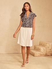Love & Roses Chocolate Brown Spot Flutter Sleeve Button Through Blouse - Image 3 of 4