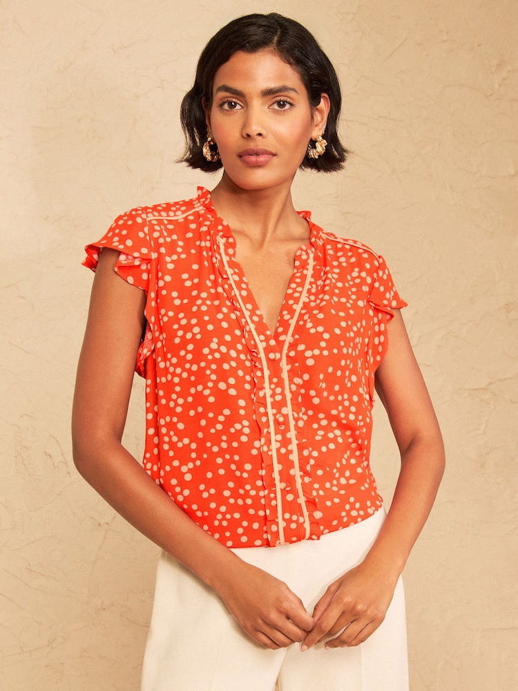 Love & Roses Orange Spot Flutter Sleeve Button Through Blouse - Image 1 of 4
