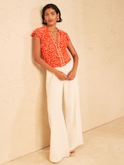 Love & Roses Orange Spot Flutter Sleeve Button Through Blouse - Image 3 of 4