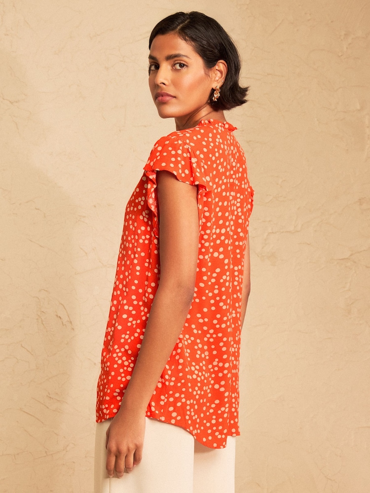 Love & Roses Orange Spot Flutter Sleeve Button Through Blouse - Image 4 of 4