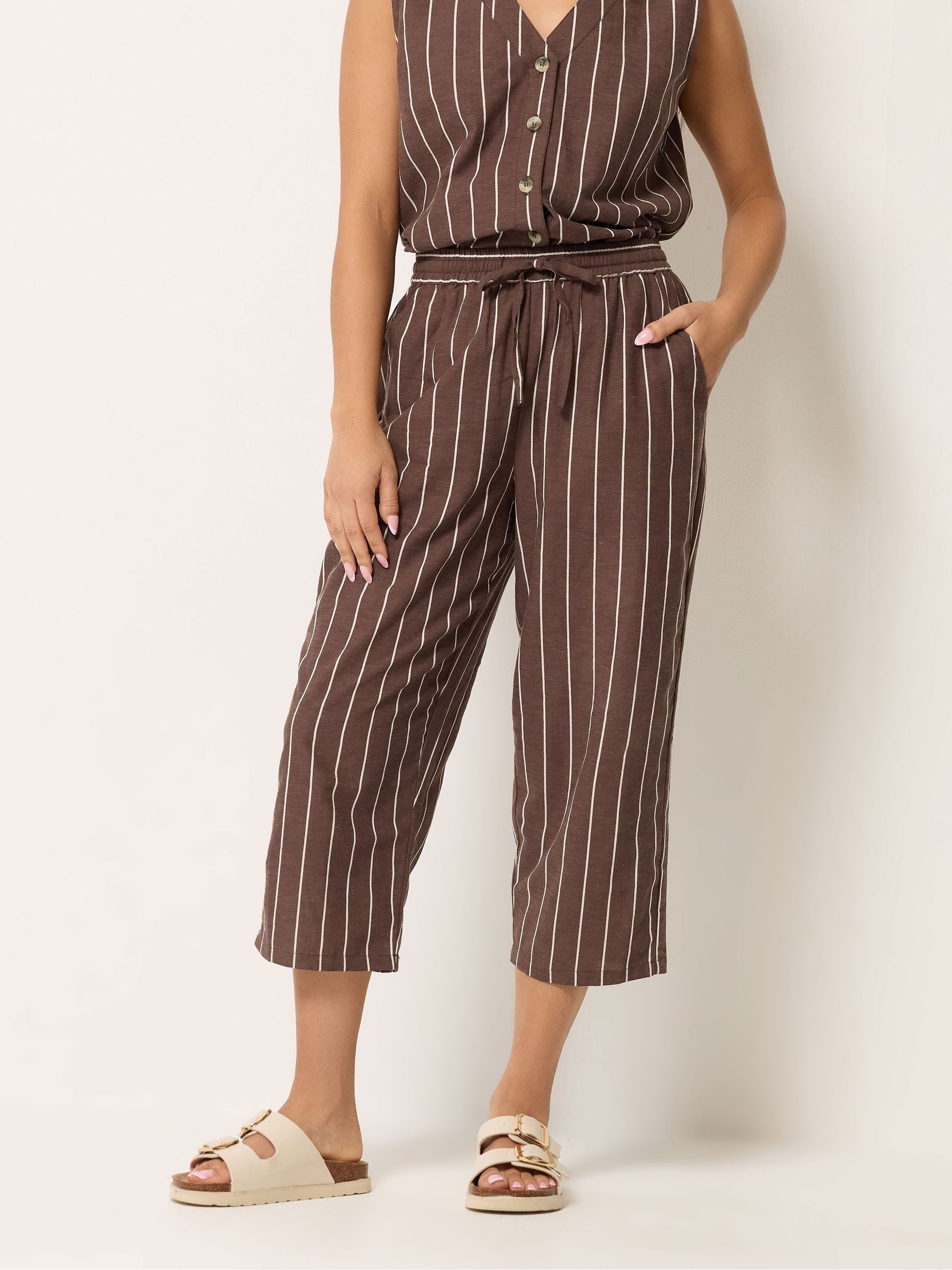 M & Co Women's Brown Petite Stripe Linen Blend Tapered Cropped Trousers