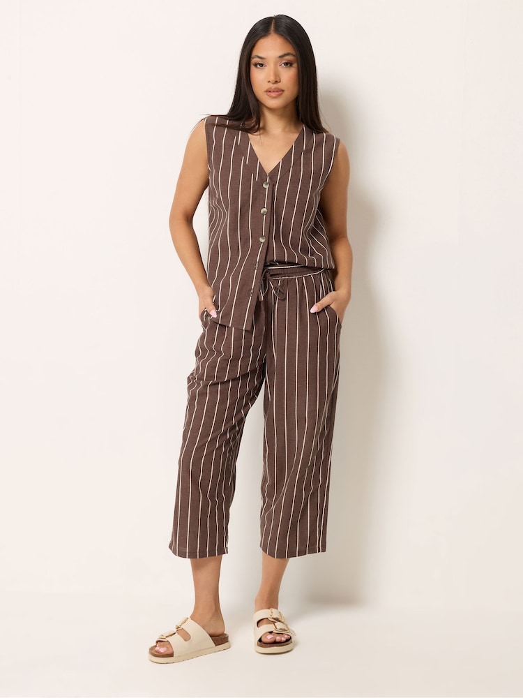 M&Co Brown Petite Stripe Linen Blend Tapered Cropped Trousers - Image 2 of 4 M&Co Brown Petite Stripe Linen Blend Tapered Cropped Trousers - Image 2 of 4