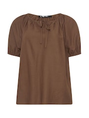 Long Tall Sally Brown Short Sleeve Boho Linen Blend Blouse - Image 6 of 6