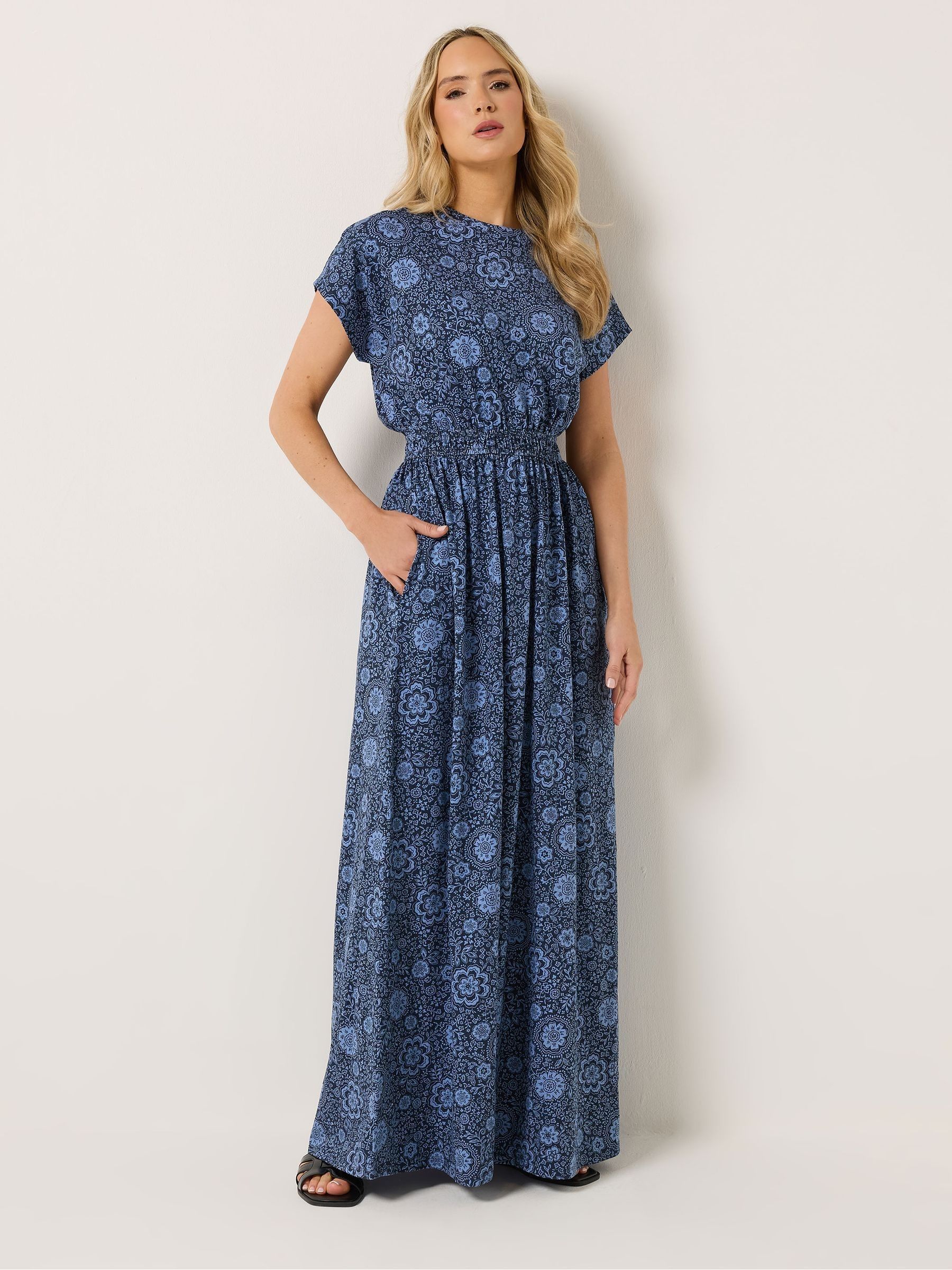 Long Tall Sally Women's Blue Floral Shirred Waist Dress