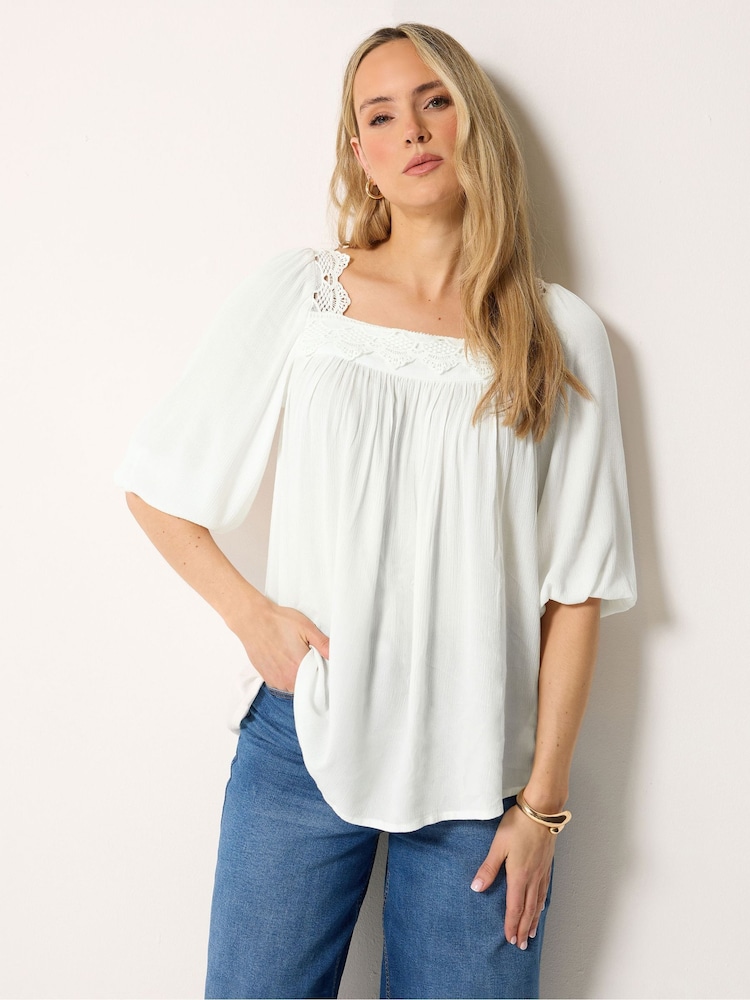 Long Tall Sally Cream Lace Square Neck Crinkle Top - Image 1 of 5 Long Tall Sally Cream Lace Square Neck Crinkle Top - Image 1 of 5