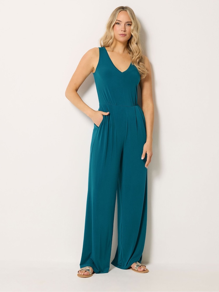Long Tall Sally Blue V Neck Sleeveless Jumpsuit - Image 1 of 5 Long Tall Sally Blue V Neck Sleeveless Jumpsuit - Image 1 of 5