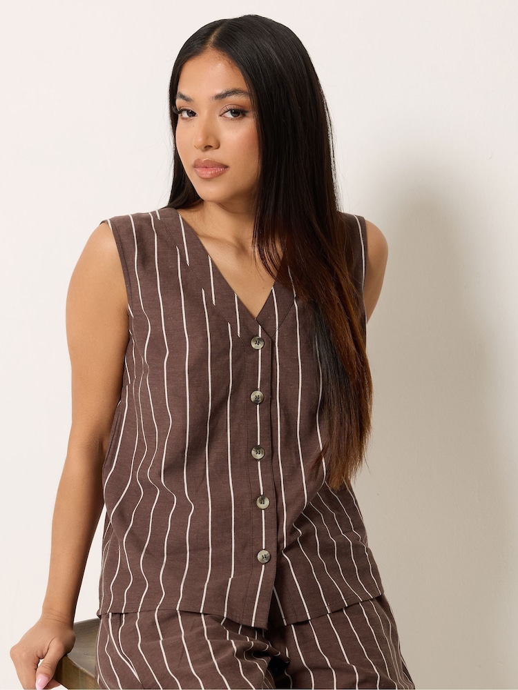 M&Co Brown Petite Striped Sleeveless Button Blouse - Image 1 of 4 M&Co Brown Petite Striped Sleeveless Button Blouse - Image 1 of 4