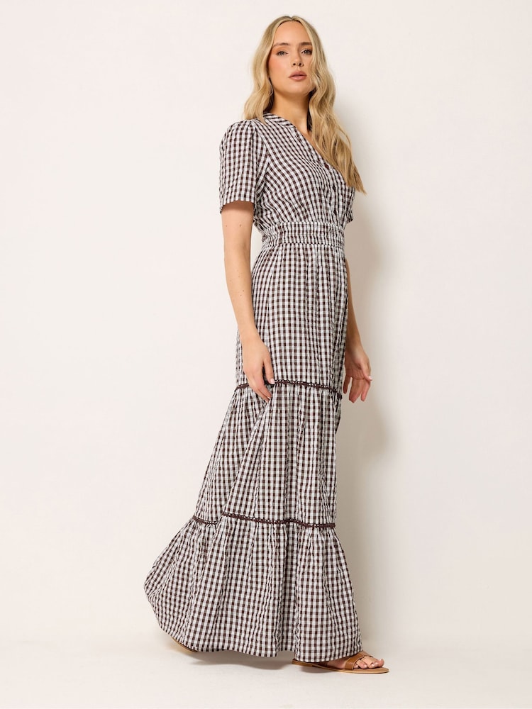 Long Tall Sally Brown Gingham Button Tiered Maxi Dress - Image 1 of 5 Long Tall Sally Brown Gingham Button Tiered Maxi Dress - Image 1 of 5