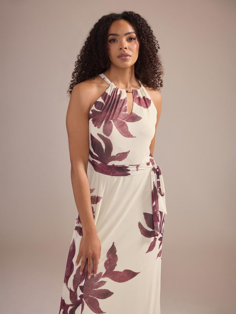 M&Co Natural Printed Mesh Halter Maxi Dress - Image 2 of 4 M&Co Natural Printed Mesh Halter Maxi Dress - Image 2 of 4