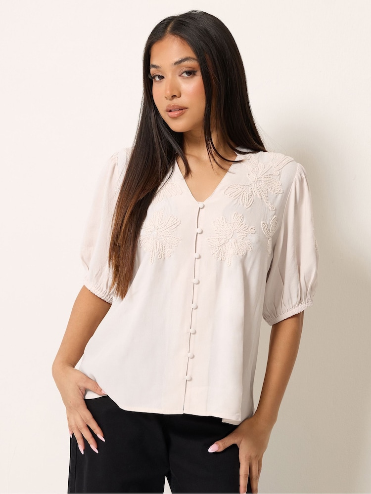 M&Co Pink Petite Short Sleeve Embellished Blouse - Image 1 of 5 M&Co Pink Petite Short Sleeve Embellished Blouse - Image 1 of 5