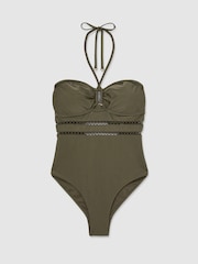 Reiss Khaki Green Libby Shimmer Lattice-Trim Bandeau Swimsuit - Image 2 of 7