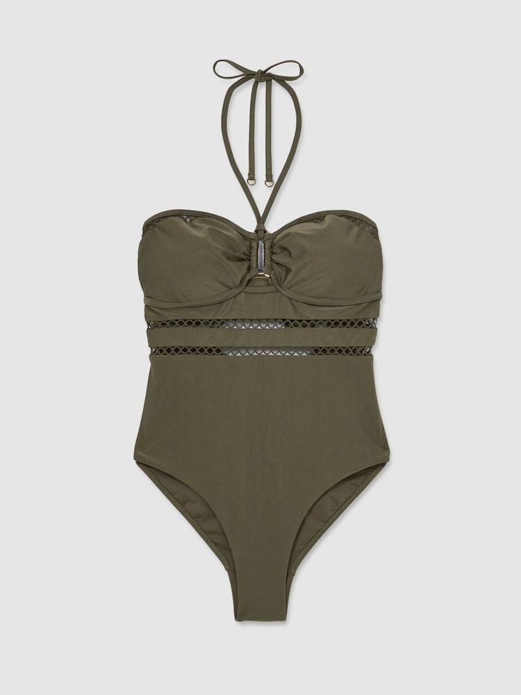 Reiss Khaki Green Libby Shimmer Lattice-Trim Bandeau Swimsuit - Image 2 of 7