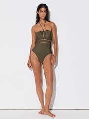 Reiss Khaki Green Libby Shimmer Lattice-Trim Bandeau Swimsuit - Image 3 of 7