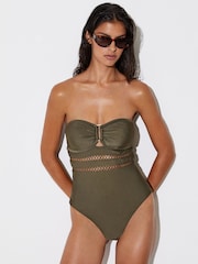 Reiss Khaki Green Libby Shimmer Lattice-Trim Bandeau Swimsuit - Image 4 of 7