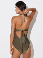 Reiss Khaki Green Libby Shimmer Lattice-Trim Bandeau Swimsuit - Image 6 of 7