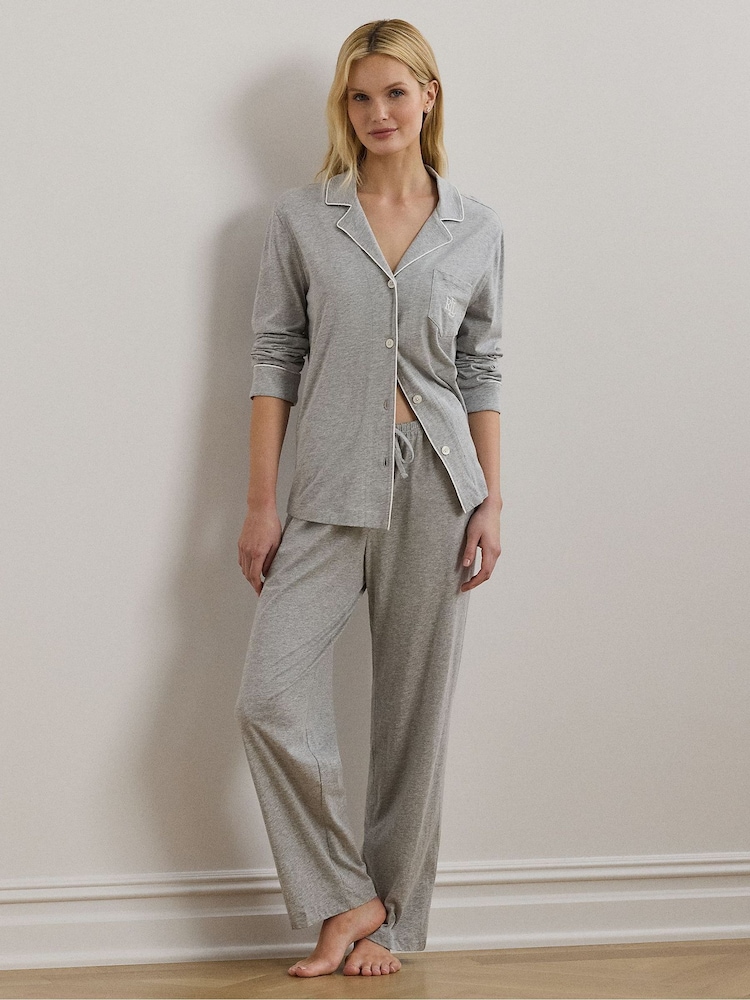 Lauren Ralph Lauren Grey Core Knit Classic Notch Collar Pyjamas Set - Image 1 of 4