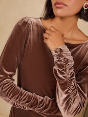 Love & Roses Chocolate Brown Velvet Satin Mix Asymmetric Midi Dress - Image 2 of 6