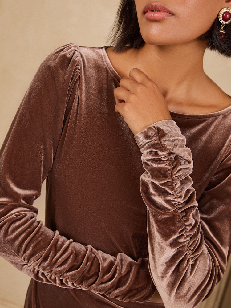 Love & Roses Chocolate Brown Velvet Satin Mix Asymmetric Midi Dress - Image 2 of 6