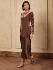 Love & Roses Chocolate Brown Velvet Satin Mix Asymmetric Midi Dress - Image 3 of 6