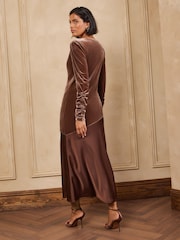 Love & Roses Chocolate Brown Velvet Satin Mix Asymmetric Midi Dress - Image 4 of 6