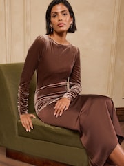 Love & Roses Chocolate Brown Velvet Satin Mix Asymmetric Midi Dress - Image 5 of 6