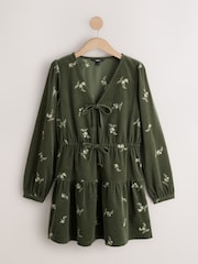 Khaki Green Embroidered Floral Long Sleeve V-Neck Tie Cord Mini Dress - Image 1 of 3