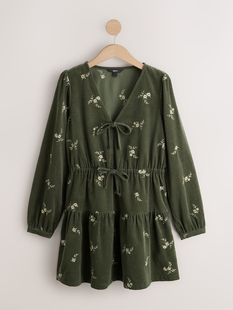 Khaki Green Embroidered Floral Long Sleeve V-Neck Tie Cord Mini Dress - Image 1 of 3
