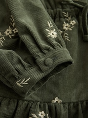 Khaki Green Embroidered Floral Long Sleeve V-Neck Tie Cord Mini Dress - Image 2 of 3
