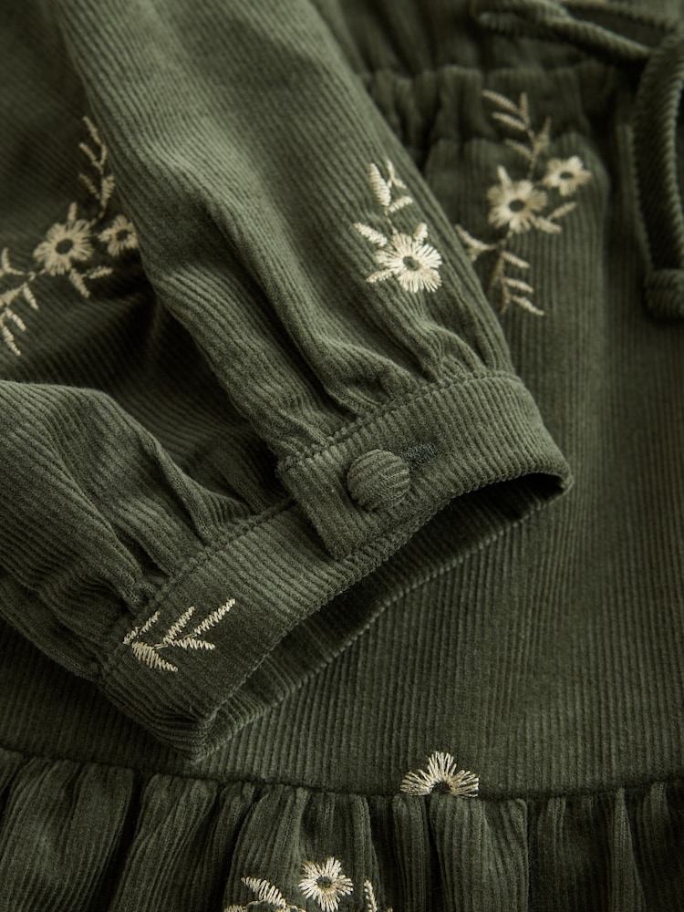 Khaki Green Embroidered Floral Long Sleeve V-Neck Tie Cord Mini Dress - Image 2 of 3