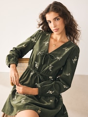 Khaki Green Embroidered Floral Long Sleeve V-Neck Tie Cord Mini Dress - Image 4 of 9