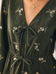 Khaki Green Embroidered Floral Long Sleeve V-Neck Tie Cord Mini Dress - Image 5 of 9