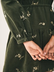 Khaki Green Embroidered Floral Long Sleeve V-Neck Tie Cord Mini Dress - Image 6 of 9